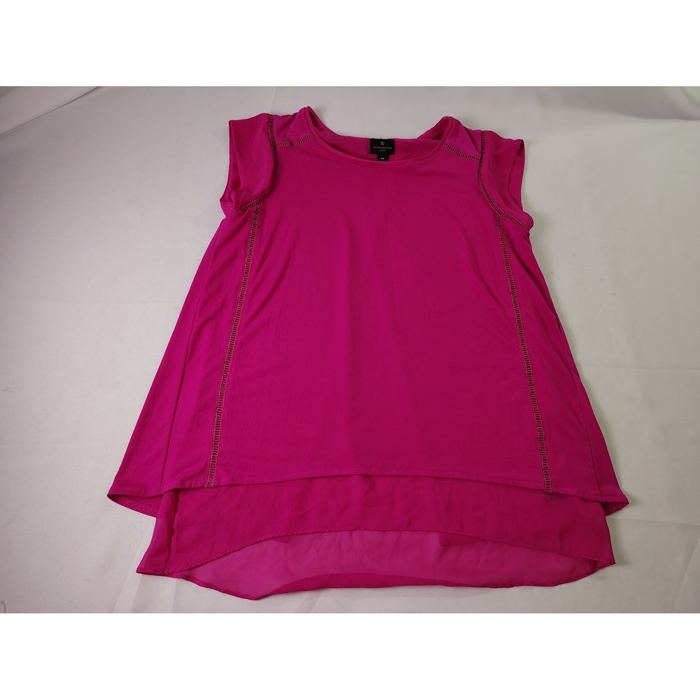 Worthington Fandango Pink Overlay Sleeveless Blouse High Low Split Back Top PS